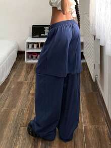 Muchica 女士休闲蓝色字母刺绣抽绳腰双层裤 - 藍色 - 查看 2