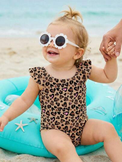 SHEIN Brązowy, uroczy wzór retro z serduszkiem i panterką, wakacje na wyspie, dziewczęcy, słodki, swobodny, śliczny, jednoczęściowy kostium kąpielowy z falbankami, wiosna/lato, słodka moda, wakacje, plaża, strój plażowy, styl kurortu, stroje wakacyjne