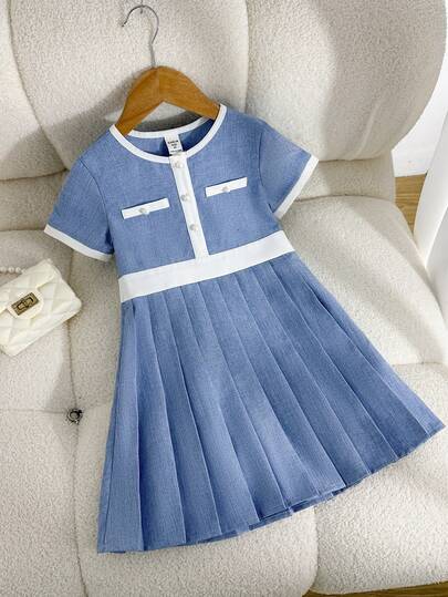 SHEIN Young Girl Colorblock Round Neck Short Sleeve Pleated Hem Casual Dress