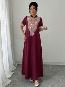 Rafferiza 撞色刺绣立领水钻装饰宽松女式长裙 - 酒紅色 - 查看 8