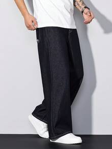 Manfinity Homme 男士复古美式刺绣宽松阔腿牛仔裤 - 深色水洗藍 - 查看 5