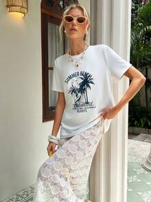 MainGRL 女士假日棕榈树字母印花短袖T恤和迷你裙两件套 - 白色 - 查看 1