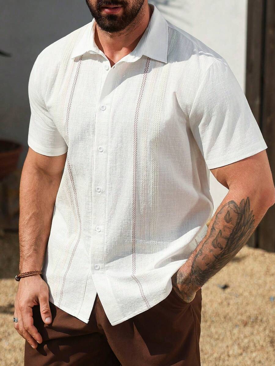 VENTUSAIL 男士纯色简约休闲短袖衬衫 - 白色 - 查看 1