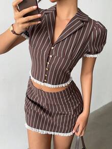 Aloruh 女士优雅泡泡袖条纹上衣和低腰A字迷你裙两件套 - 彩色 - 查看 4