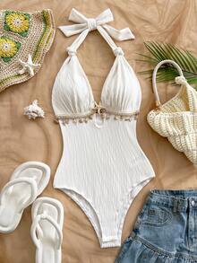 Soleia Nouveau body sexy à encolure en V avec décoration d'étoile de mer en métal, bretelles à lacets. Accessoires en métal, décoration de coquillage. Parfait pour les vacances à la plage, style bohème, boho, vacances, vintage, plage, croisière - Blanc - Voir 3