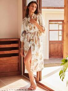 Women's Bohemian Vacation Casual Ocean Element Shell & Hibiscus Print Loose Tie-Waist Woven Robe - Multicolor - View 1