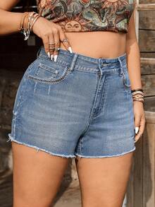 Breezaya Plus Size Women's Spring/Summer Embroidered Vintage Washed Denim Shorts - Medium Wash - View 6