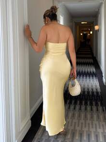 Maria Perezxox 性感简约纯色黄色奶油色露肩褶饰修身露背连衣裙，适合派对、鸡尾酒会、正式场合、伴娘、生日、黄色缎面长裙、圣诞节、宴会、商务休闲 - 黃色 - 查看 2