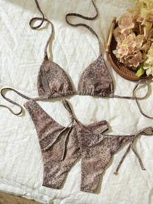 Swim Vcay 3pcs Women's Random Print Halter High Cut Bikini Set, Spring/Summer - Multicolor - View 2