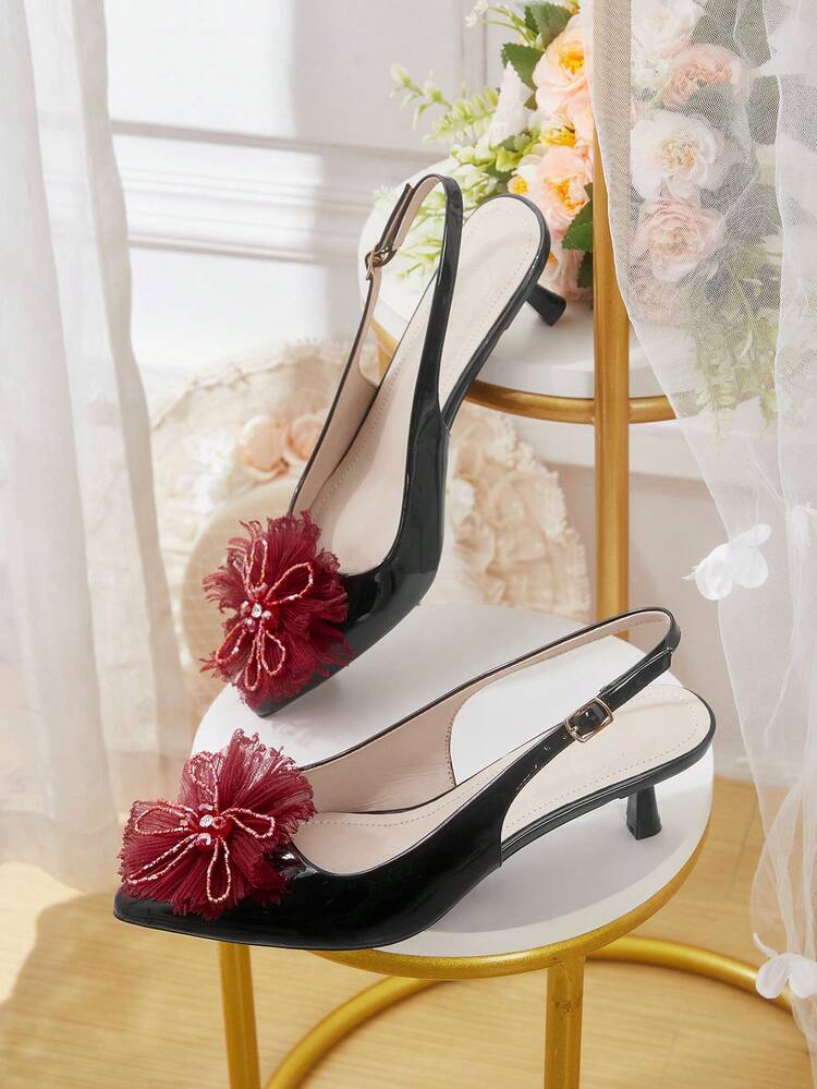 CUCCOO HITCHD Women's Fashionable Elegant 3D Floral Decor Pointed Toe Pumps Wedding Shoes Summer Shoes Bride Shoes