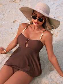 Swim Lushoire New Brown Hollow-Out Swimwear, Ruffle Strap Flounce Tummy Control Two Pieces Tankini Set - Brown - View 3