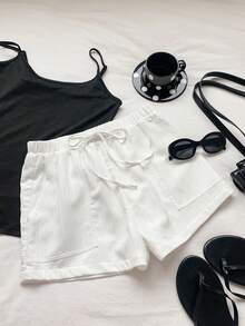 SHEIN EZwear 女士抽绳腰纯色休闲百搭日常短裤 - 白色 - 查看 2