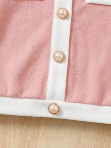 LMoss Kids Baby Girl Contrast Trim Round Neck Short Sleeve T-Shirt And Pants Set, Fashionable Casual - Pink - View 5