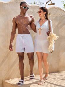 Manfinity VDAYZ 男士纯色休闲沙滩短裤 - 米色 - 查看 5