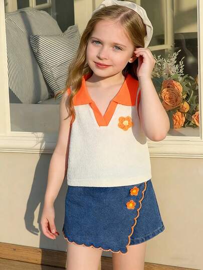 2pcs/Set Toddler Girls' Summer New Apricot Textured Knit Fabric Collar Patchwork Heart Decor Vest Top & Denim Skort With Ruffle Hem Cherry Embroidery Vintage Cute Outfit