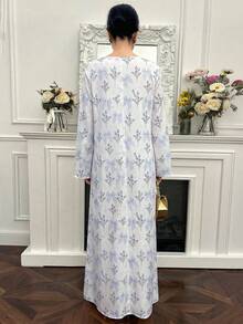 Yasmyna 女士V领花卉蝴蝶结印花休闲派对阿拉伯连衣裙 - 藍色 - 查看 2