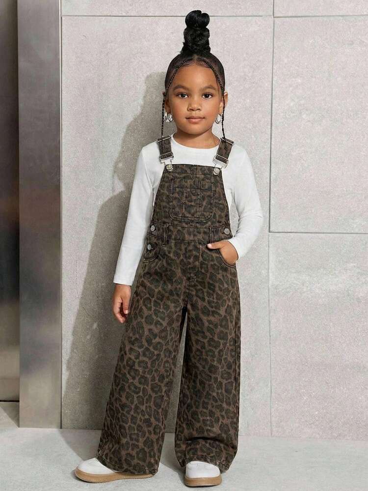 SHEIN Young Girls Leopard Print Denim Overalls - Multicolor - View 5