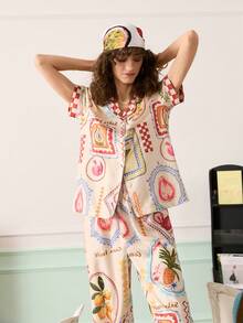 Chillnights Conjunto de pijama casual para mujer con estampado de frutas, de cuello reversible y manga corta - Multicolor - Ver 4