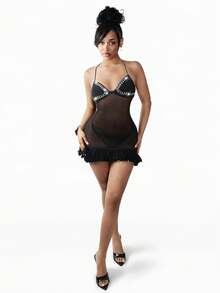 Amplova Vestido mini ajustado con cuello halter, tirantes finos y espalda descubierta para mujer - Negro - Ver 3