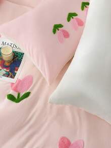 Juego de edredón bordado con tulipanes 100% poliéster de 3 piezas, que incluye 1 funda de edredón y 2 fundas de almohada (sin relleno) - Rosa Pálido - Ver 6