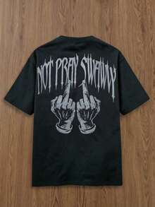 Manfinity Unisex Men's Casual Hand Gesture & Letter Print Short Sleeve T-Shirt Hip Hop Tee Shirts Street Wear Metal Band T Shirt Street Wear Tee Heavy Weight T Shirt - Black - View 2