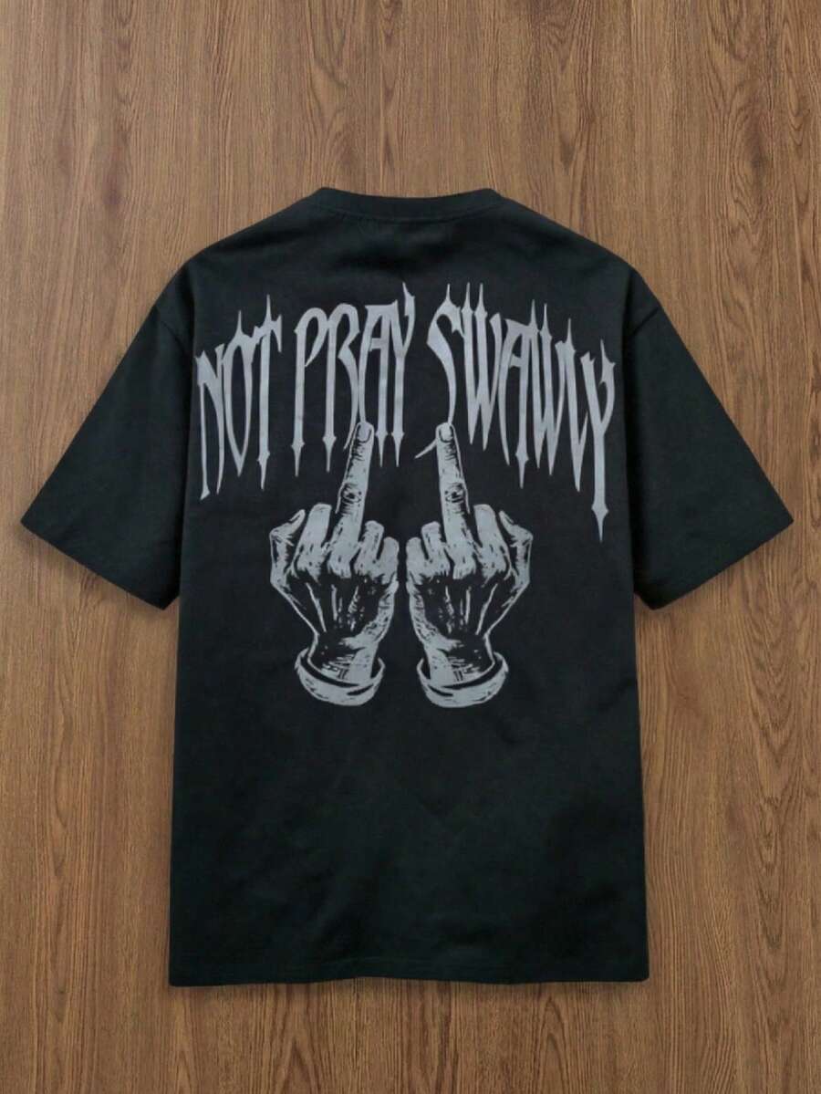 Manfinity Unisex 男士休闲手势字母印花短袖T恤 - 黑色 - 查看 1