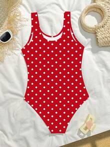 SHEIN 少女连体泳衣，红白波点针织面料，休闲时尚优雅泳装，适合游泳、夏季度假、海滩、泳池、节日派对等场合。 - 酒紅色 - 查看 4
