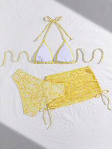 Swim Vcay 3pcs Sexy Leopard Print Halter Neck Triangle Cup Mesh Sarong Bikini Set For Women - Multicolor - View 6