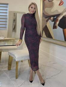 Cioccolato 女士时尚抽象印花紧身连衣裙春装情人节连衣裙 - 紫色 - 查看 5