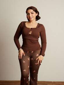 Lupita Cardoza Cute Deer Embroidered Lace Blouse Paired With Deer Print Flare Pants, Autumn/Winter - Brown - View 4