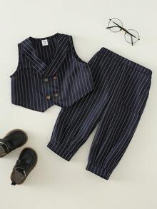 SHEIN 2件套男婴优雅海军蓝条纹绅士套装，包含背心外套和裤子，适合复活节、婚礼、洗礼、一周岁生日庆祝、迎婴派对、花童、戒指童等场合。 - 藏蓝色 - 查看 5