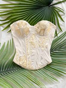 Soleia 优雅的3D立体花卉鱼骨纹文胸上衣，夏季 - 杏色 - 查看 3