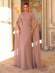 Aureia Elegant, Romantic, Fashionable, Dignified Lotus Root Pink Chiffon A-Line Dress, Graceful Party Dress, Wedding Guest Dress, Pink Dress, Fashionable And Elegant Wedding Guest Gown, Bridesmaid Dress - Dusty Pink - View 3