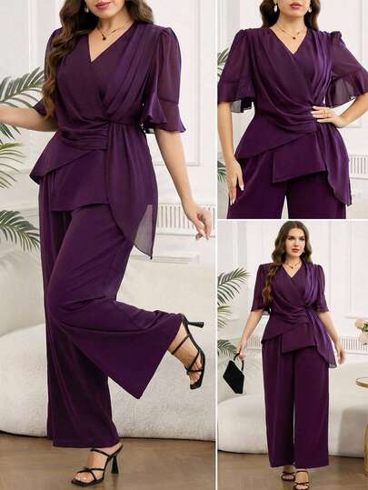 SHEIN Clasi Plus Size Women's Solid Color V-Neck Ruffle Short Sleeve Blouse And Wide Leg Pants Elegant 2-Piece Set, Summer Clothes,Summer Outfits For Women,Spring Break Outfits, Spring Women,Weddings & Events, Graduation Outfit For Mother, Graduation Ceremony, Vacation Outfits Women,Holiday Outfits For Women,Summer Holiday Outfits,Summer Vacation Outfits,Casual Dresses For Women, Casual Long Dress,Casual Sets For Women, Luxury Women's Two-Piece Set, Luxury Dresses,Formal For Women, Women's Social,Women's Formal Wear,Mother Of The Bride Dress Plus Size  Mother Of The Bride Jumpsuit Plus Size Purple Wedding Guest Outfit