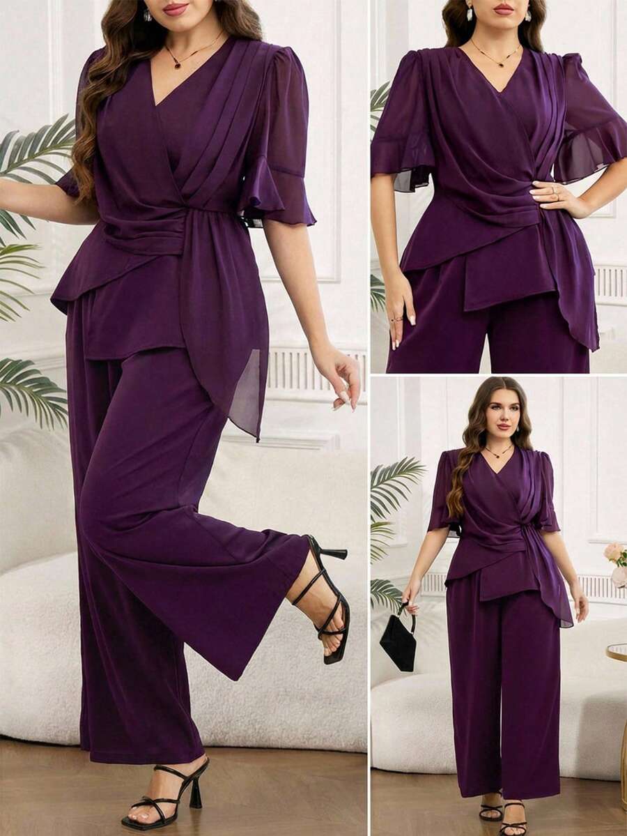SHEIN Clasi 大码女式纯色V领荷叶边短袖上衣和阔腿裤优雅两件套 - 紫色 - 查看 1