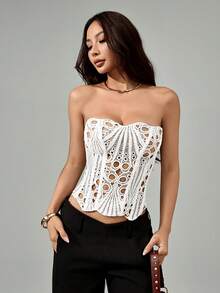 SHEIN PETITE 白色蕾絲鏤空刺繡抹胸束腰上衣，夏季優雅女款，適合夜店穿搭、婚禮賓客、嬌小女性 - 白色 - 查看 5