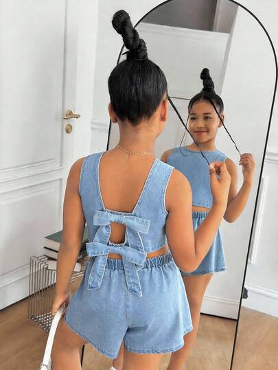 SHEIN 2pcs Y2K Summer Boho Casual Light Washed Backless Knotted Crop Top And Elastic Waist Baggy Shorts Set,Suitable For Spring And Summer Boho Bermuda Short,Season Vintage/Beach/Sea/Elegant Graduation Outfit,Casual Women's Jumpsuit,Summer Holiday Outfits,Spring Clothes Outfit,Beach Outfits For Women,Vacation Outfits Women,Valentine's Day Outfit,Summer Holiday Outfits,Beach Vacation Holiday Outfits For Women