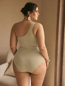 Swim Chiccia Plus Size Women One-Piece Black Asymmetrical Shoulder Swimsuit Beach Outfit - Coffee Brown - View 2
