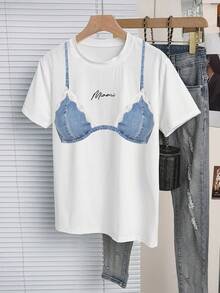 INAWLY 女士字母印花落肩休闲宽松圆领 T 恤 - 白色 - 查看 6