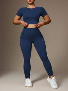 Rhythm Era Bộ đồ thể thao nữ cỡ lớn, màu trơn, tay ngắn, dáng lửng gồm áo thun và quần legging. - Màu xanh hải quân - Xem 5
