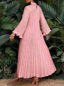 SHEIN Lady CURVE 大码优雅纯色褶皱喇叭袖连衣裙 - 粉色 - 查看 8