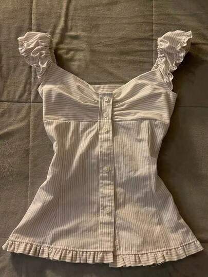 Glimmora Women's Ruffle Trim Striped Single-Breasted Blouse