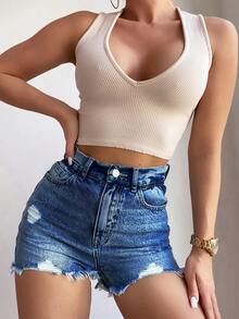 SHEIN PETITE Quần short denim rách mùa hè dành cho nữ - Rửa trung bình - Xem 3