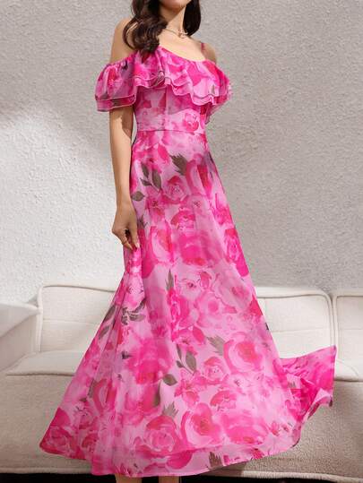 Rafferiza 女士浪漫优雅迷人度假风飘逸雪纺印花吊带双层荷叶边露肩露背收腰连衣裙，夏季