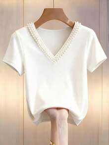 Franclia Diseño estilo francés, camiseta de mujer con cuello en V muy adornada con rhinestones y mangas cortas, nuevo estilo de verano 2026, camiseta blanca, top estilizador, verano, día de San Valentín para mujeres, top de fiesta, top elegante de mujer, casual de mujer, top blanco. - Albaricoque - Ver 4