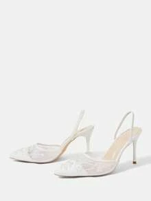 CUCCOO HITCHD 女款夏季優雅仿珍珠刺繡尖頭細高跟低鞋口網紗 9cm 高跟鞋 日常約會派對婚禮夏季鞋 新娘婚鞋 - 白色A - 查看 3