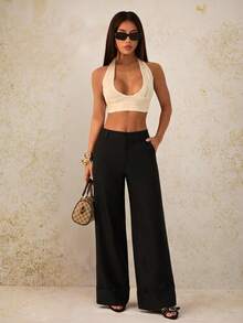 SHEIN PETITE 女士黑色纯色斜纹梭织纽扣口袋简约低腰休闲裤，适合通勤、休闲外出、复古风格、办公室穿着，春夏皆宜 - 黑色 - 查看 4