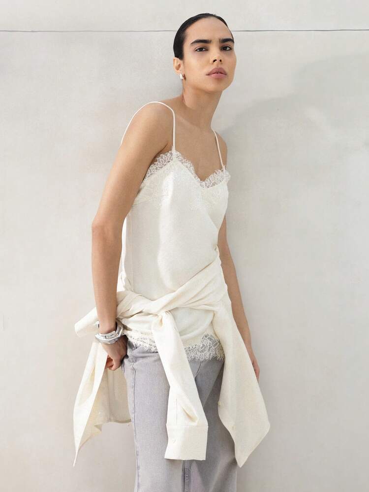 KSTM Cream Satin Slip Camisole With Lace Trim And Matching Button Down Blouse Two Piece Coordinating Set For Elegant Layered Looks