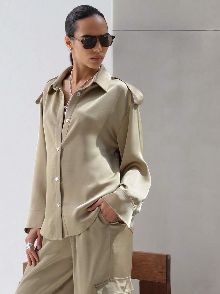 KSTM Women's Satin Utility Button Down Shirt Long Sleeve Collared Blouse Casual Office Wear Fall Winter Elegant Professional Top