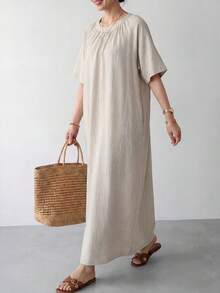 EMERY ROSE 女士纯色圆领插肩袖宽松休闲长裙 - 杏色 - 查看 4